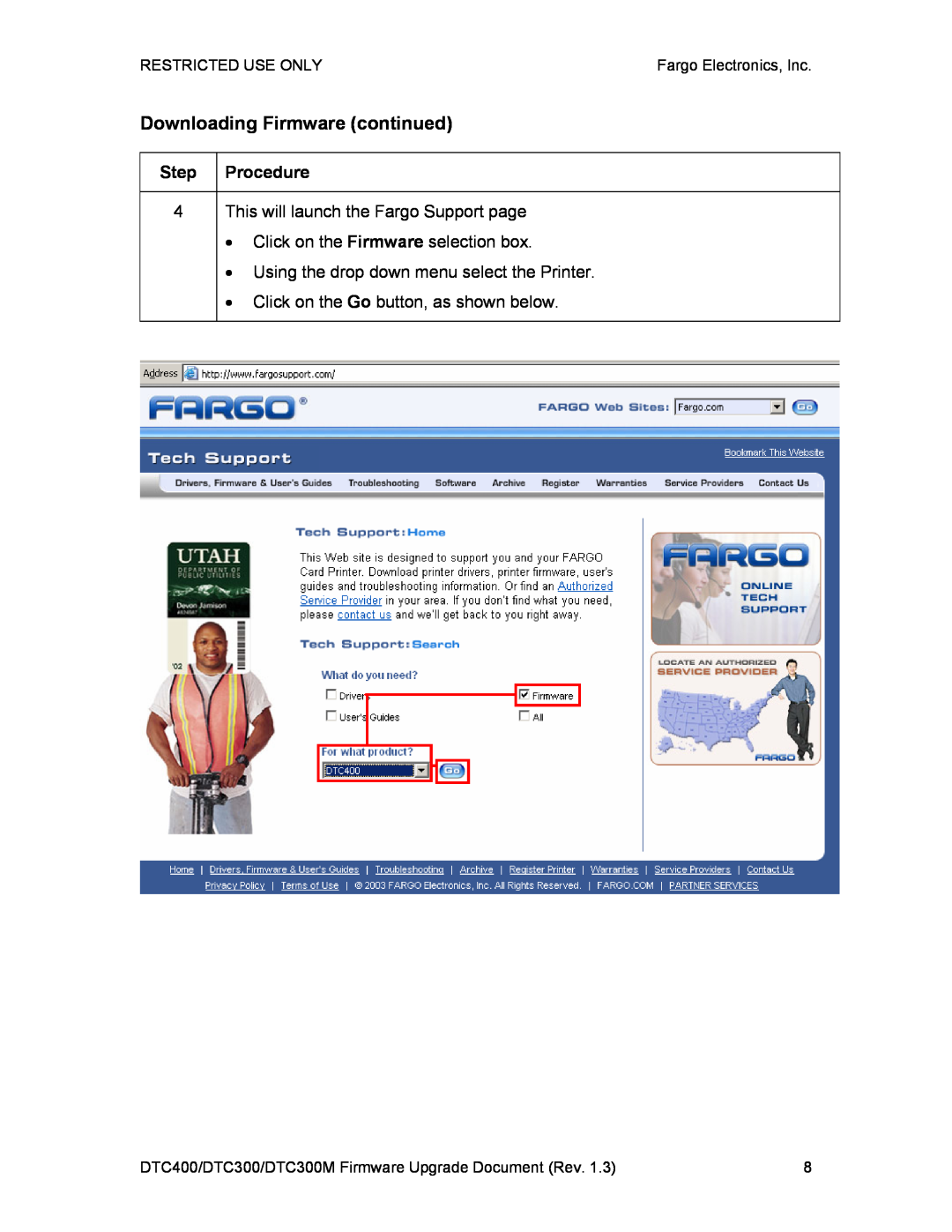 FARGO electronic DTC400, DTC300M manual Downloading Firmware continued, This will launch the Fargo Support page 