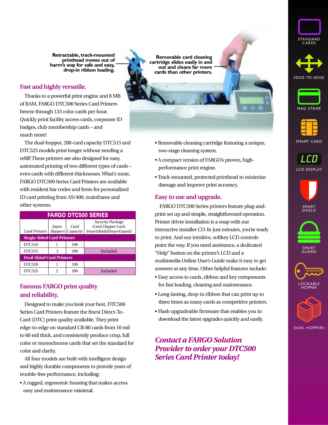 FARGO electronic DTC500 Series manual Fast and highly versatile, Famous Fargo print quality and reliability 