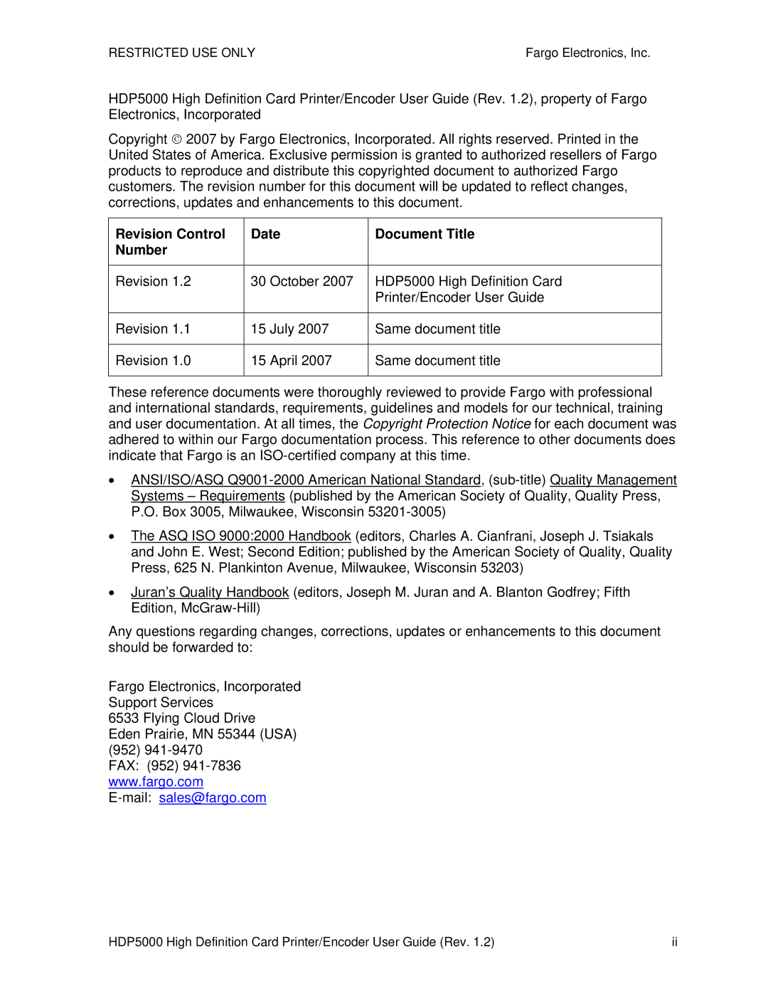 FARGO electronic HDP5000 manual Revision Control Date Document Title Number, Mailsales@fargo.com 