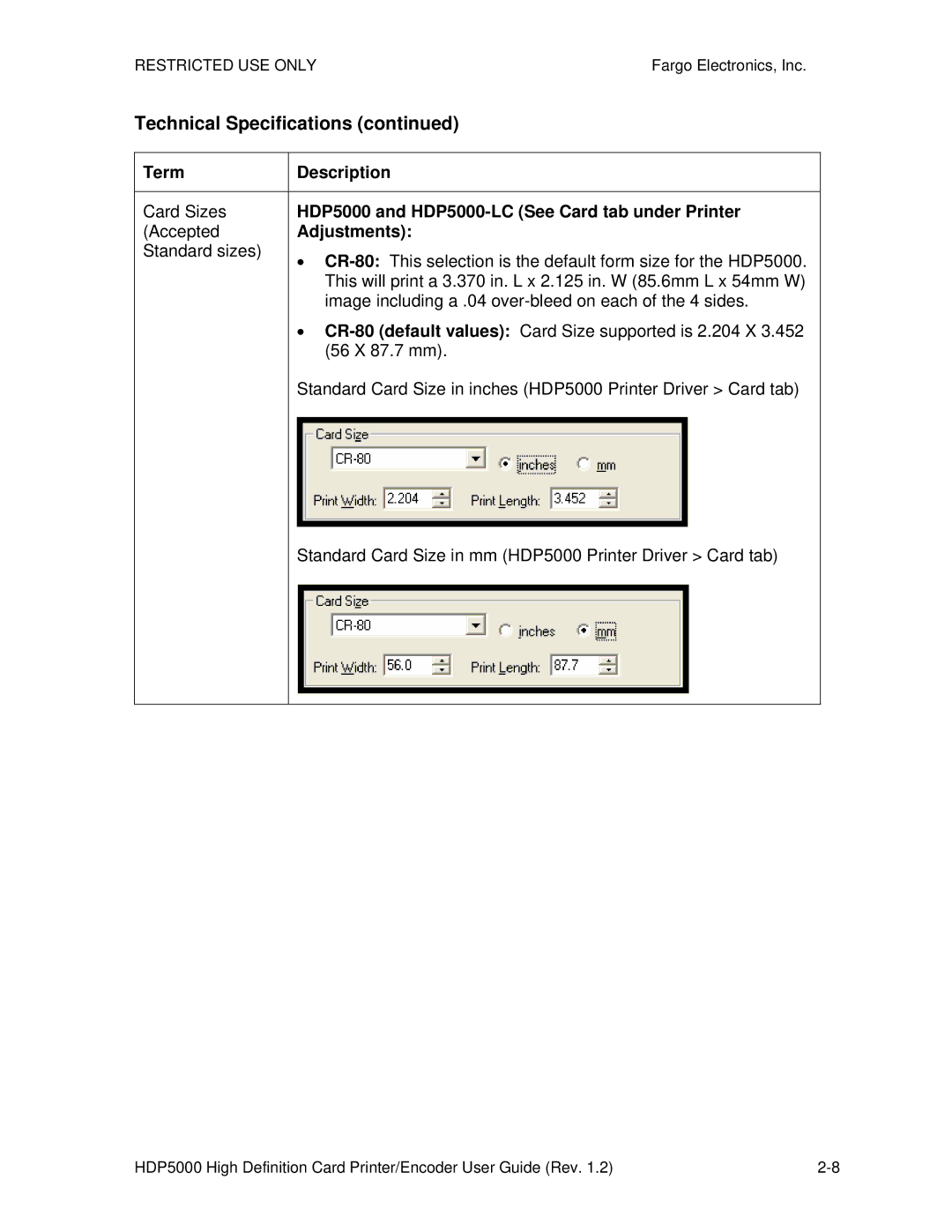 FARGO electronic Technical Specifications, Card Sizes, HDP5000 and HDP5000-LC See Card tab under Printer, Accepted 