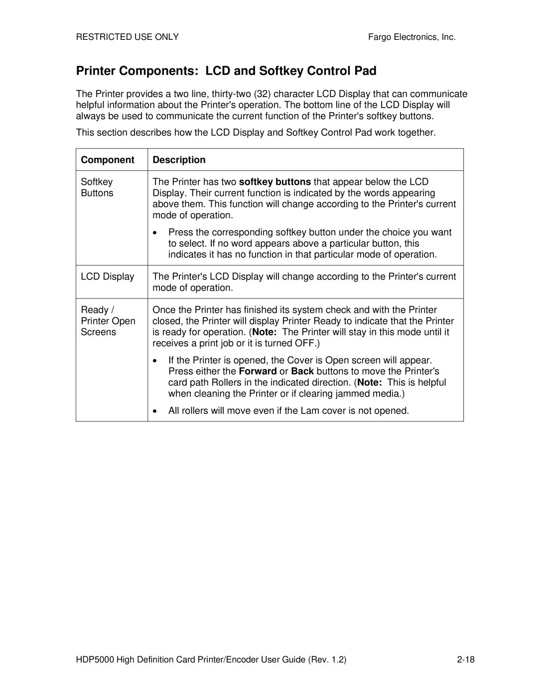 FARGO electronic HDP5000 manual Printer Components LCD and Softkey Control Pad 
