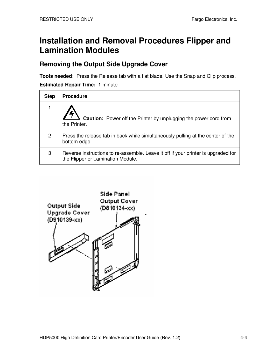 FARGO electronic HDP5000 manual Removing the Output Side Upgrade Cover, Estimated Repair Time 1 minute Step Procedure 