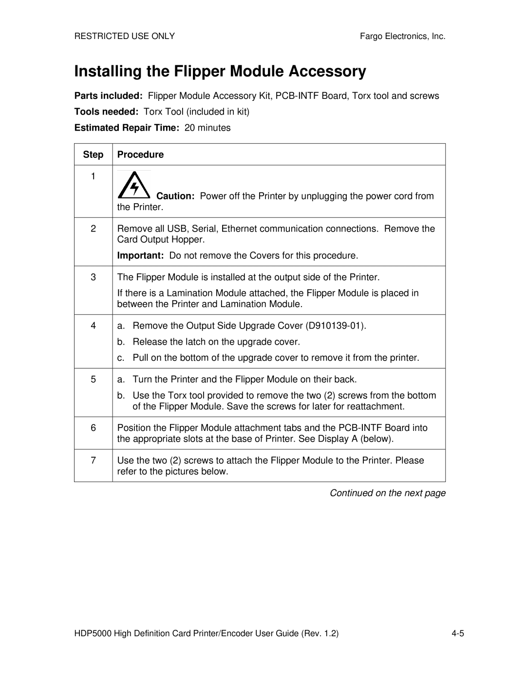 FARGO electronic HDP5000 manual Installing the Flipper Module Accessory, Estimated Repair Time 20 minutes Step Procedure 