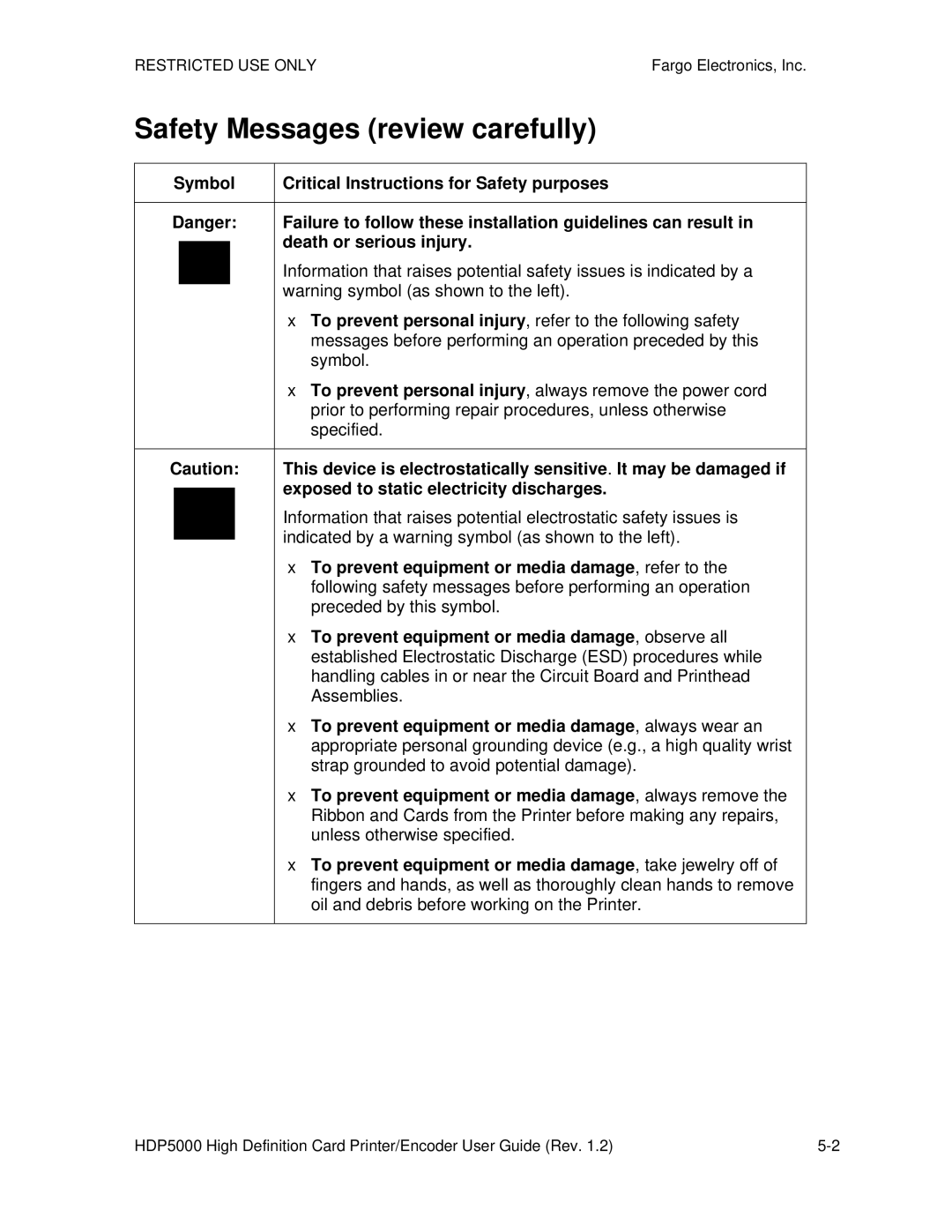 FARGO electronic HDP5000 manual Safety Messages review carefully 