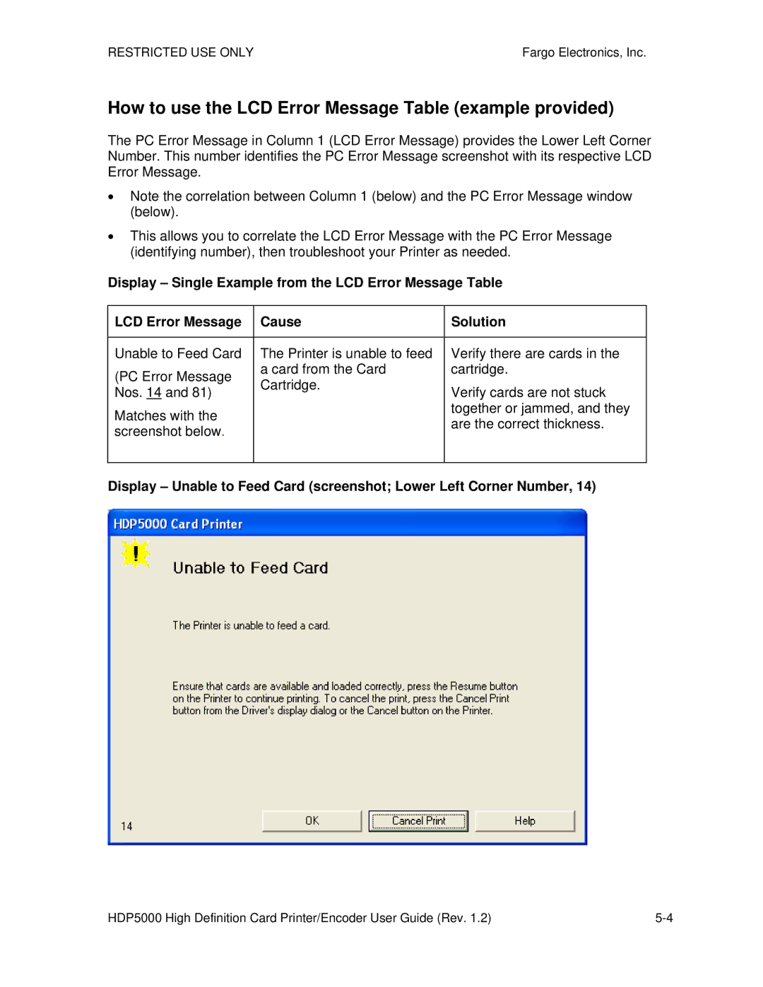 FARGO electronic HDP5000 manual How to use the LCD Error Message Table example provided 