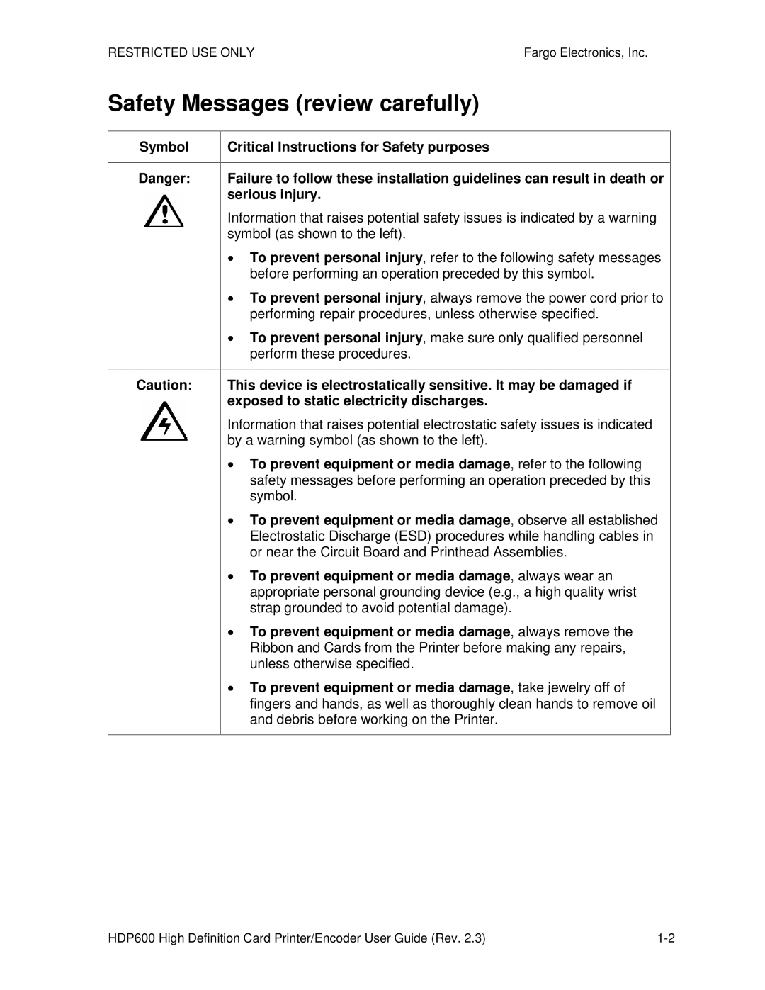 FARGO electronic HDP600-LC, HDP600 CR100 manual Safety Messages review carefully 