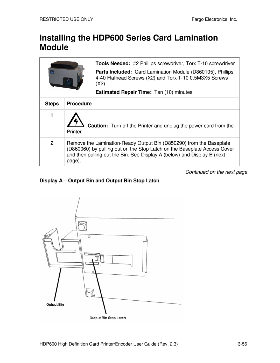 FARGO electronic HDP600-LC, HDP600 CR100 manual Installing the HDP600 Series Card Lamination Module, Steps 