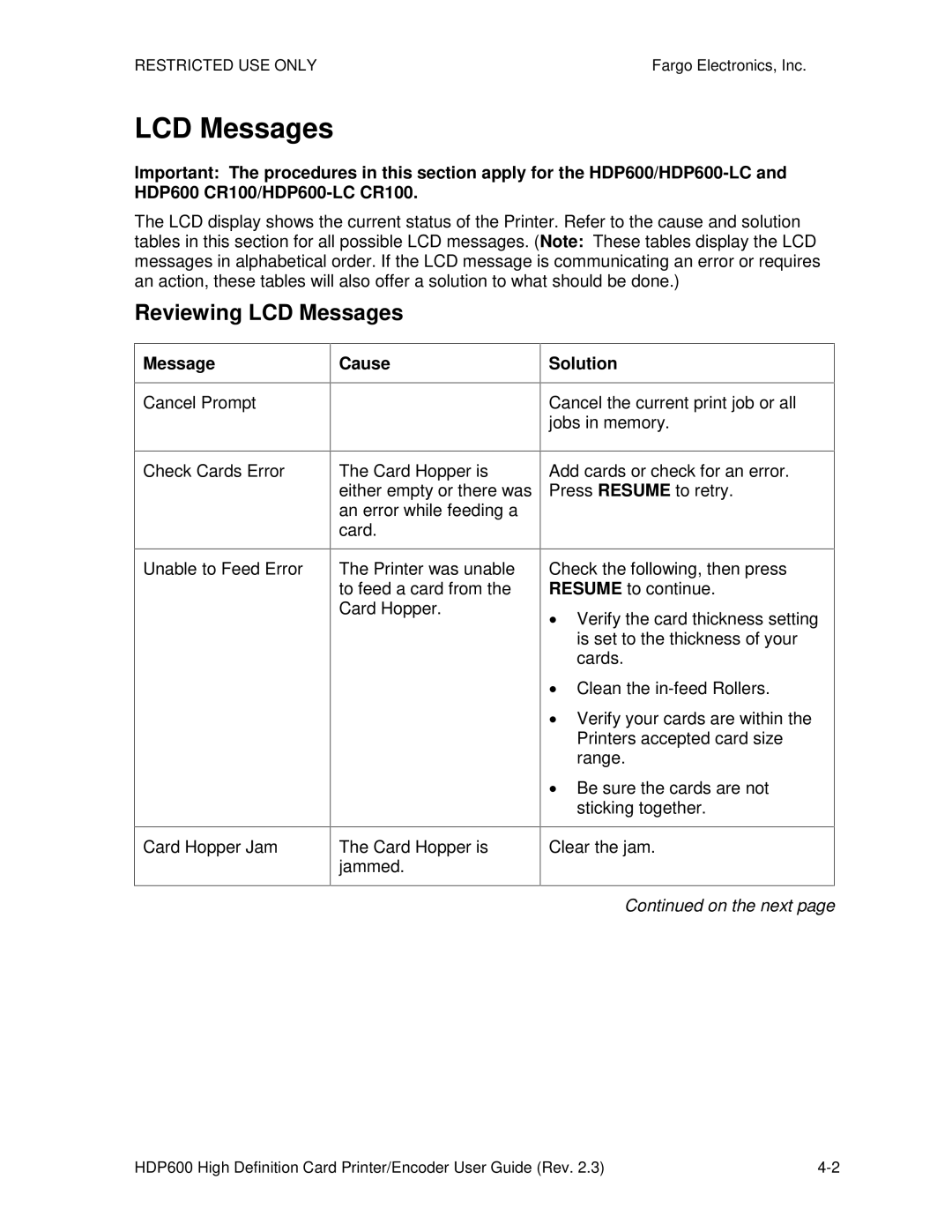 FARGO electronic HDP600 CR100, HDP600-LC manual Reviewing LCD Messages, Cause Solution 