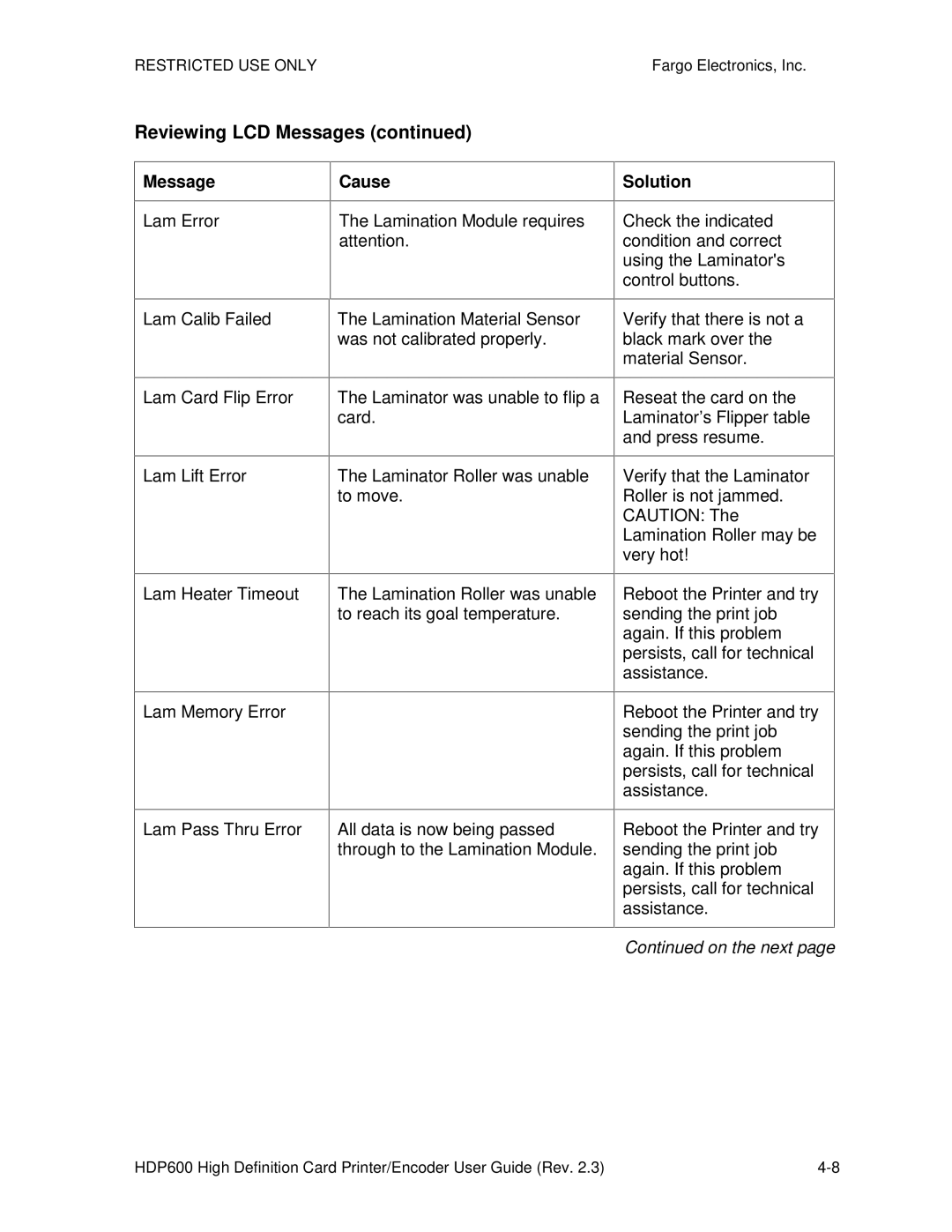 FARGO electronic HDP600 CR100, HDP600-LC manual Lam Error Lamination Module requires 