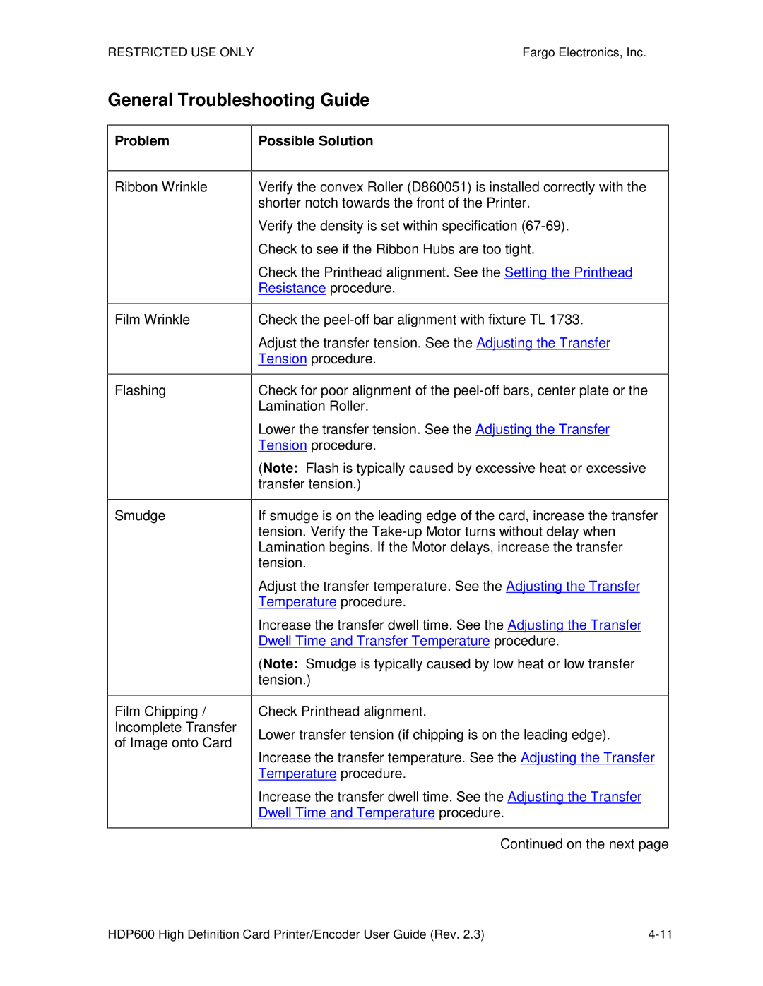FARGO electronic HDP600 CR100 manual General Troubleshooting Guide, Problem, Ribbon Wrinkle Film Wrinkle, Possible Solution 