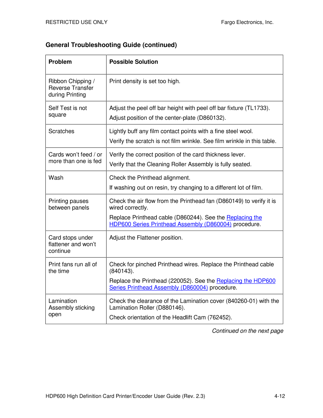 FARGO electronic HDP600-LC, HDP600 CR100 manual General Troubleshooting Guide, Problem Possible Solution 