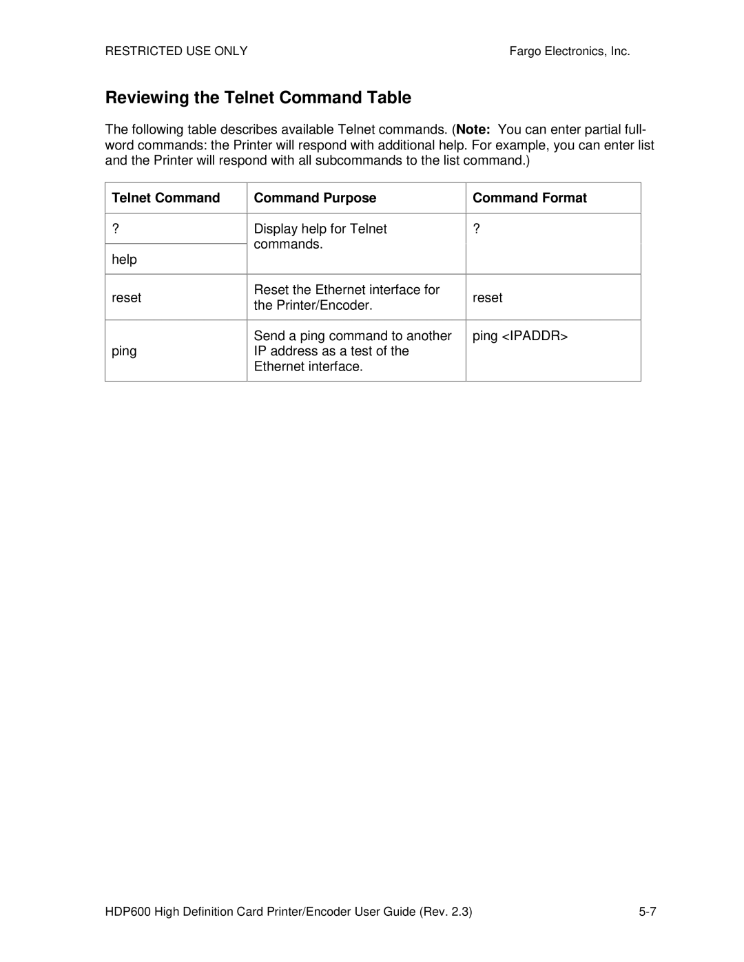 FARGO electronic HDP600-LC, HDP600 CR100 manual Reviewing the Telnet Command Table, Command Purpose, Command Format 