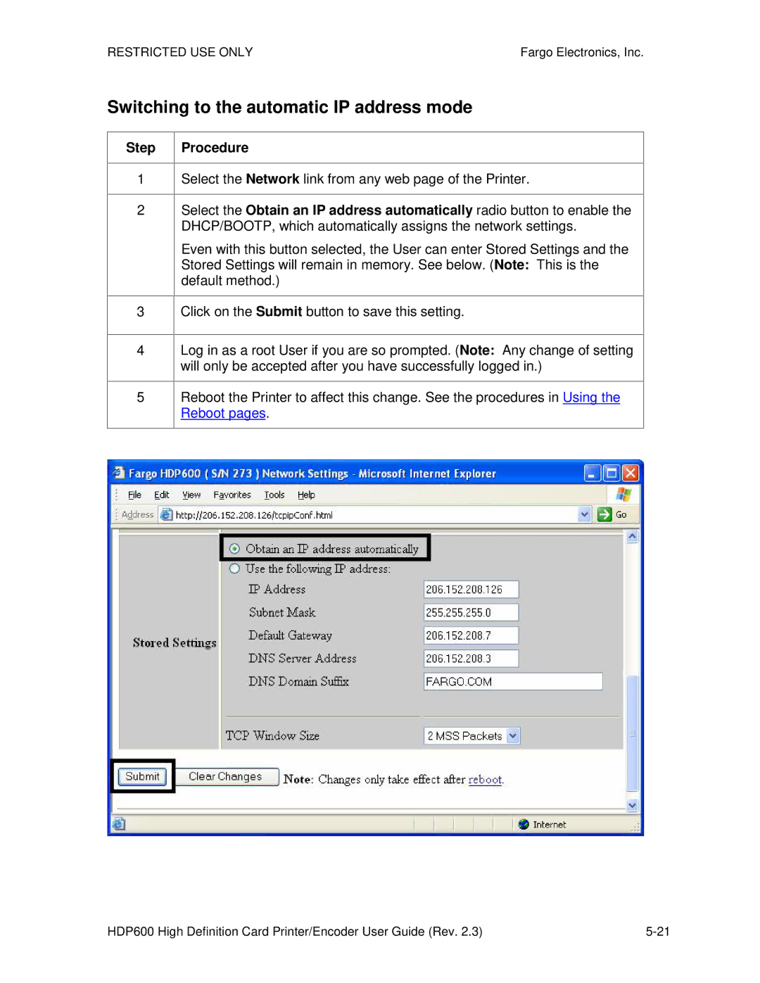 FARGO electronic HDP600 CR100, HDP600-LC manual Switching to the automatic IP address mode, Step Procedure 