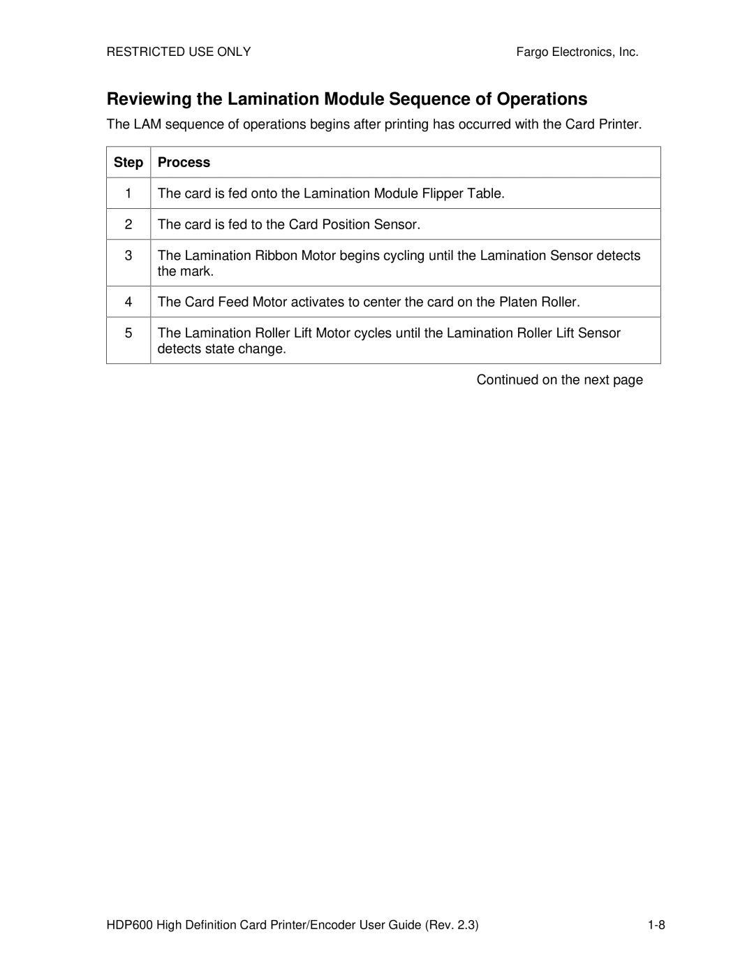 FARGO electronic HDP600-LC, HDP600 CR100 manual Reviewing the Lamination Module Sequence of Operations 