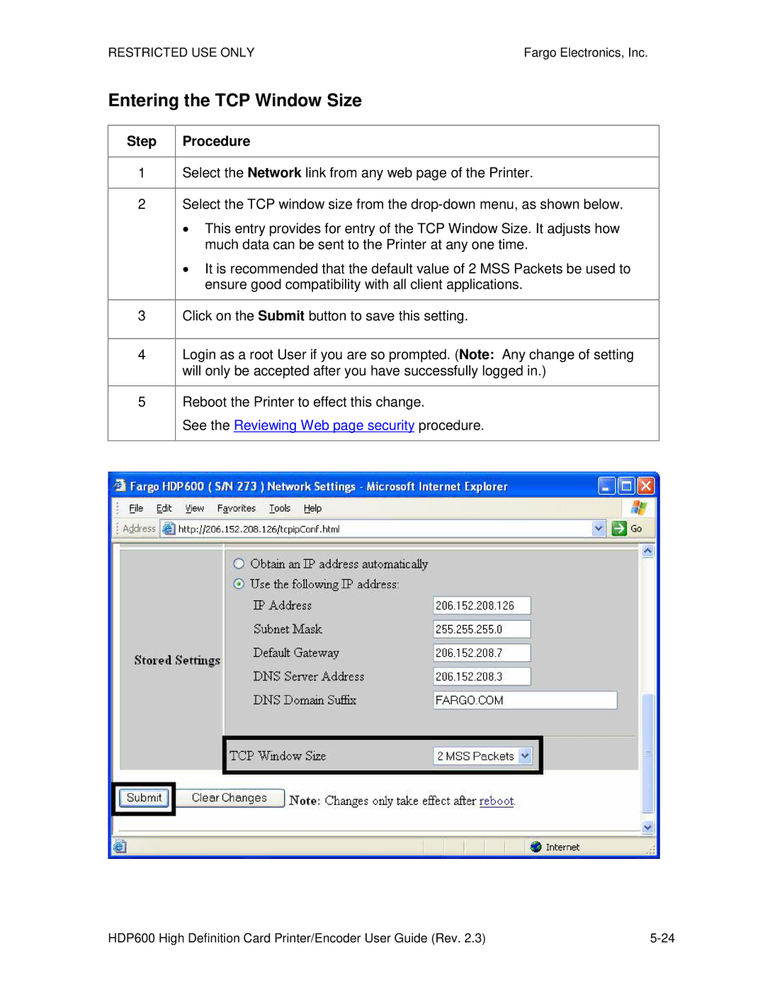 FARGO electronic HDP600 CR100, HDP600-LC manual Entering the TCP Window Size 