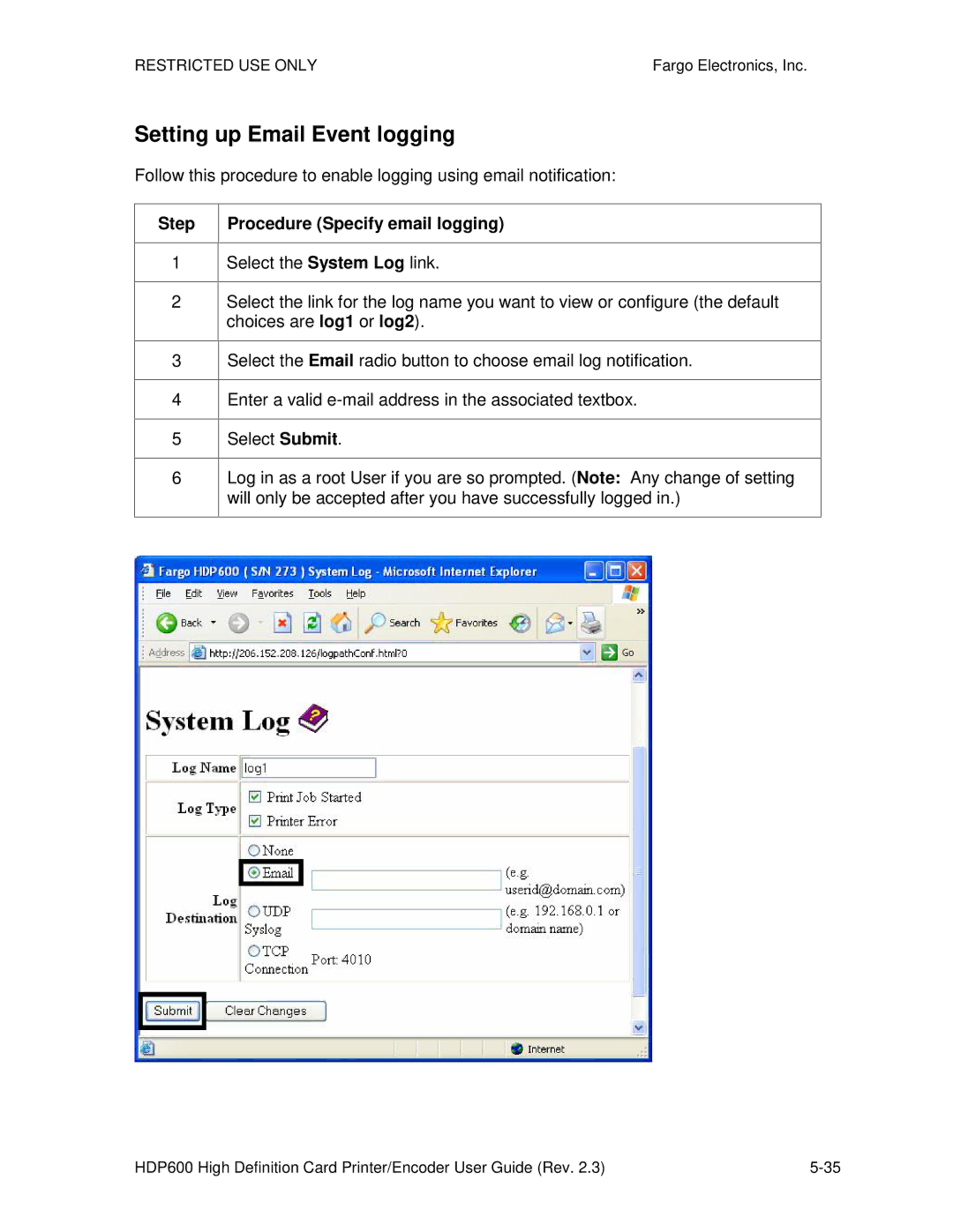 FARGO electronic HDP600 CR100, HDP600-LC manual Setting up Email Event logging, Step Procedure Specify email logging 