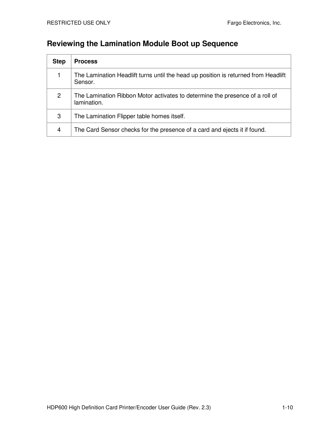 FARGO electronic HDP600 CR100, HDP600-LC manual Reviewing the Lamination Module Boot up Sequence 