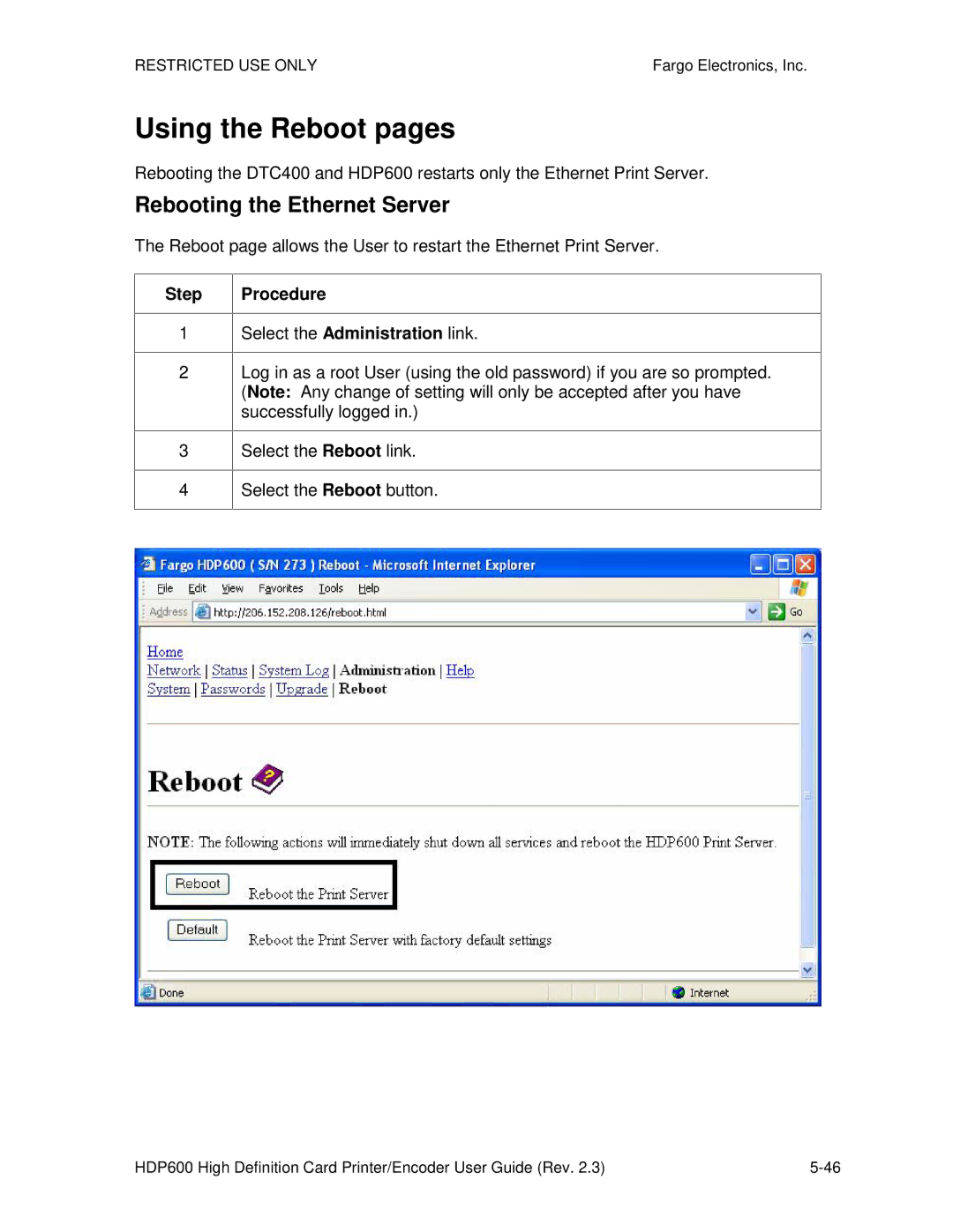 FARGO electronic HDP600-LC, HDP600 CR100 manual Using the Reboot pages, Rebooting the Ethernet Server 