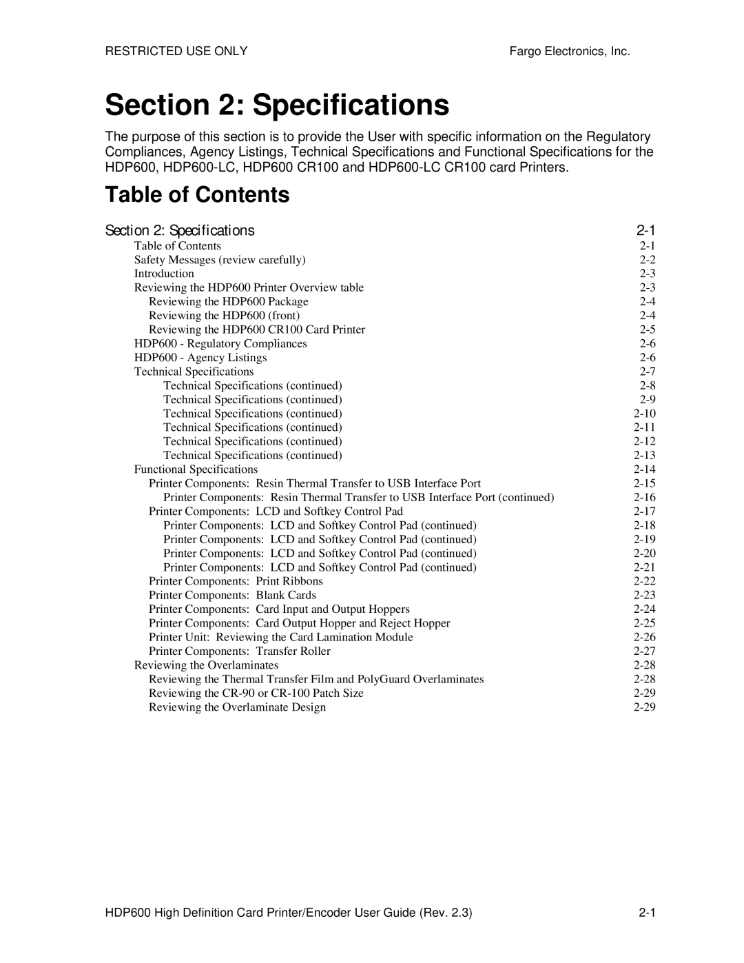 FARGO electronic HDP600-LC, HDP600 CR100 manual Specifications, Table of Contents 