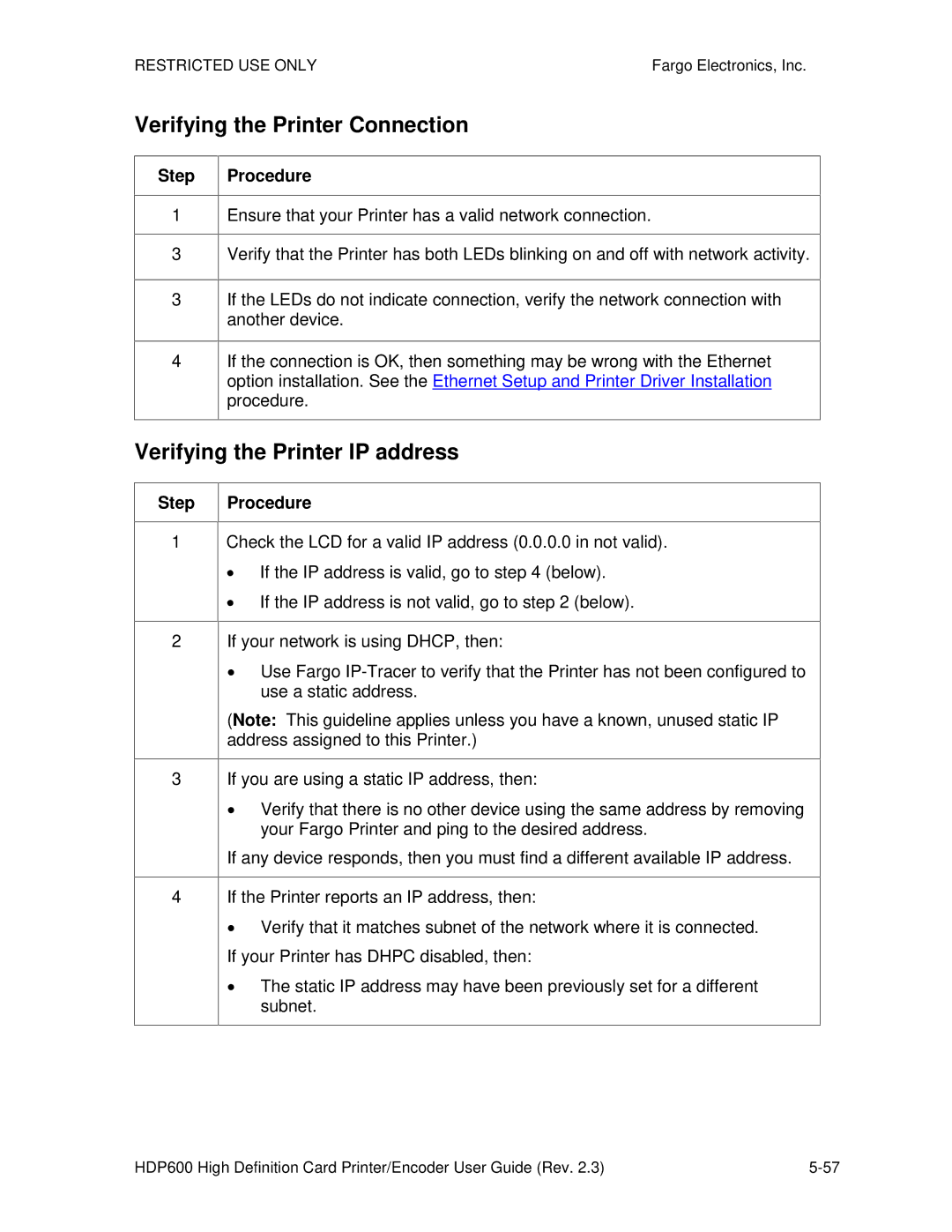 FARGO electronic HDP600 CR100, HDP600-LC manual Verifying the Printer Connection, Verifying the Printer IP address 