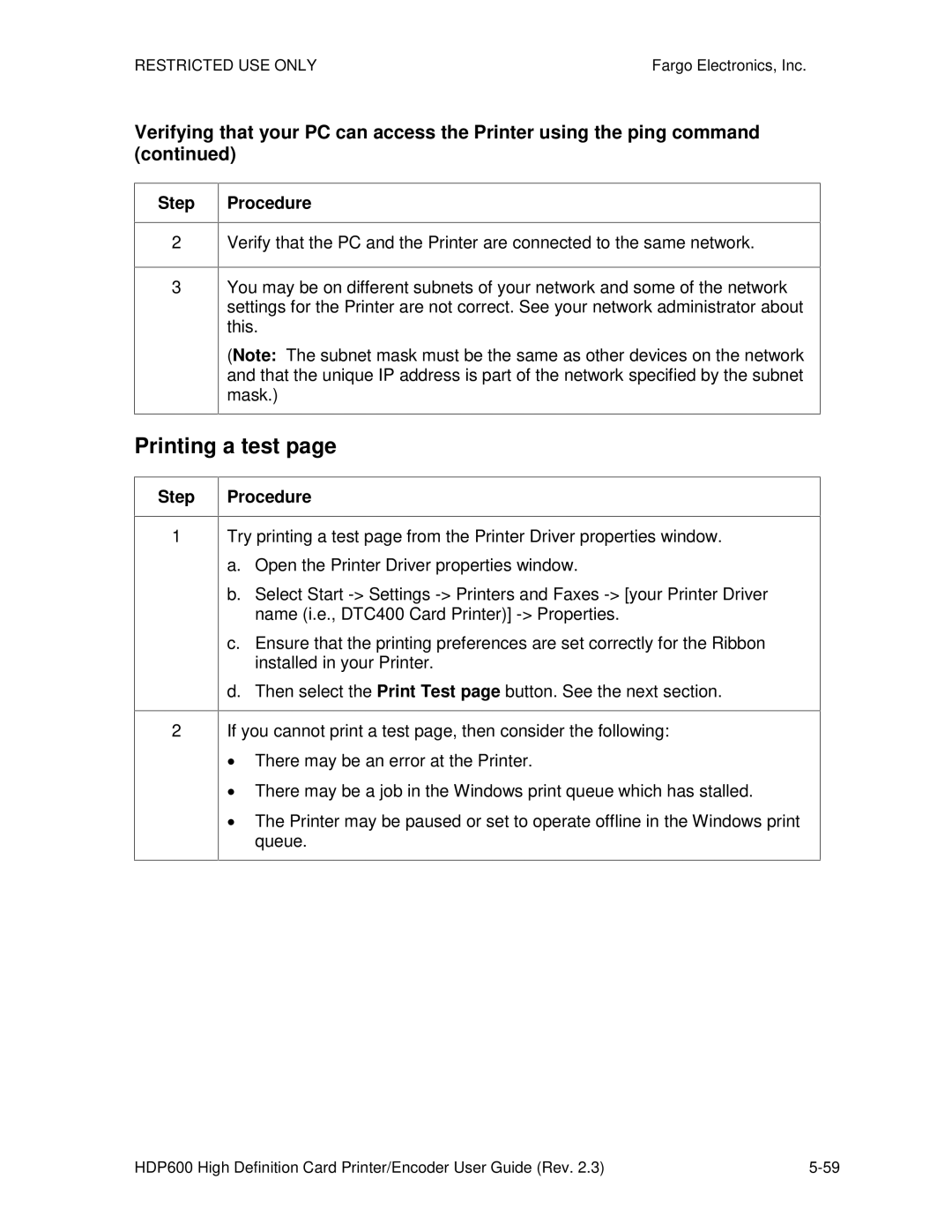 FARGO electronic HDP600 CR100, HDP600-LC manual Printing a test 