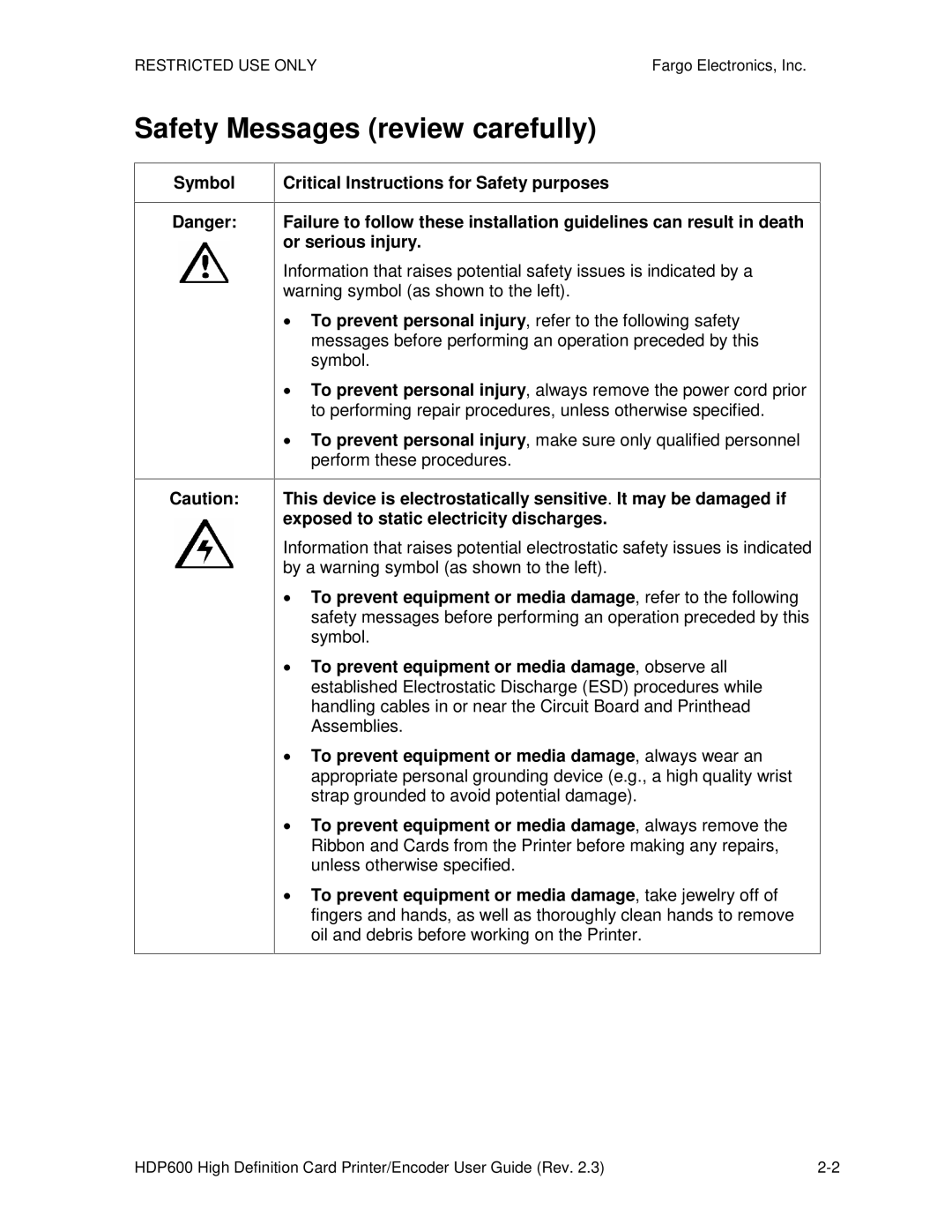 FARGO electronic HDP600 CR100, HDP600-LC manual Safety Messages review carefully 