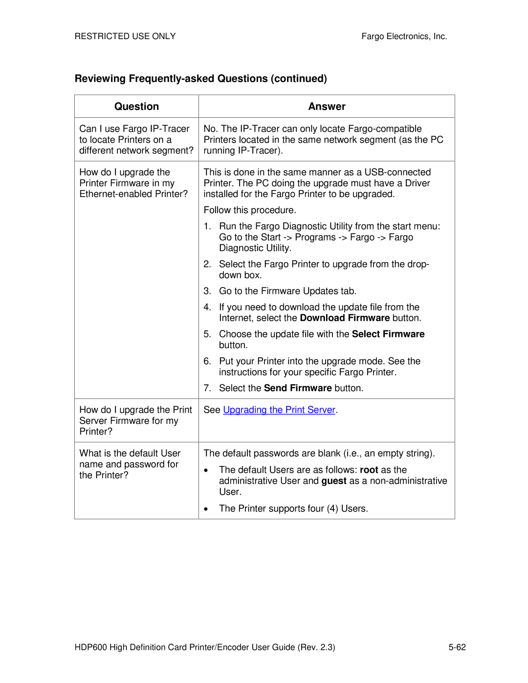 FARGO electronic HDP600 CR100, HDP600-LC manual See Upgrading the Print Server 