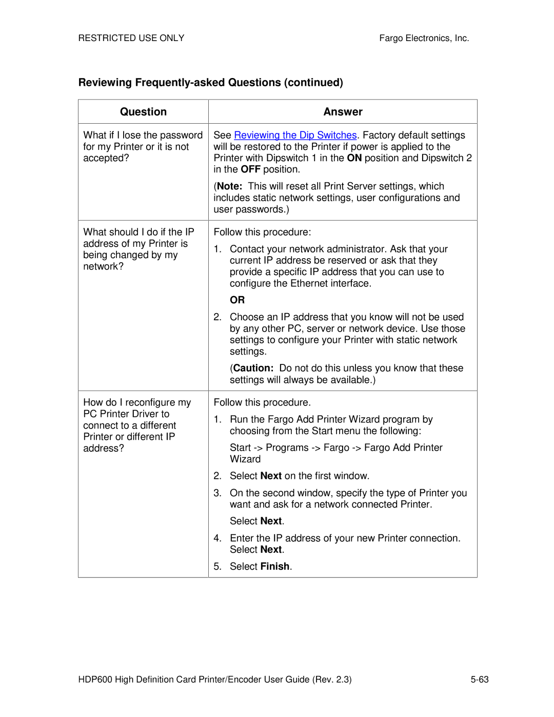 FARGO electronic HDP600 CR100, HDP600-LC manual Reviewing Frequently-asked Questions Answer 