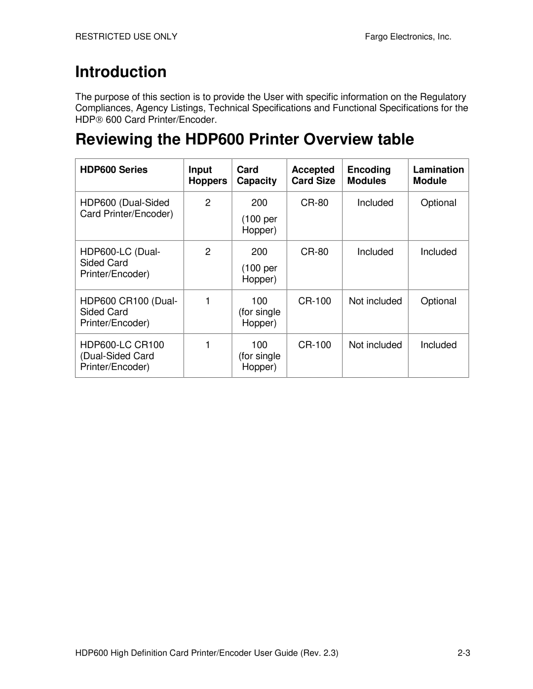 FARGO electronic HDP600 CR100, HDP600-LC manual Introduction, Reviewing the HDP600 Printer Overview table 