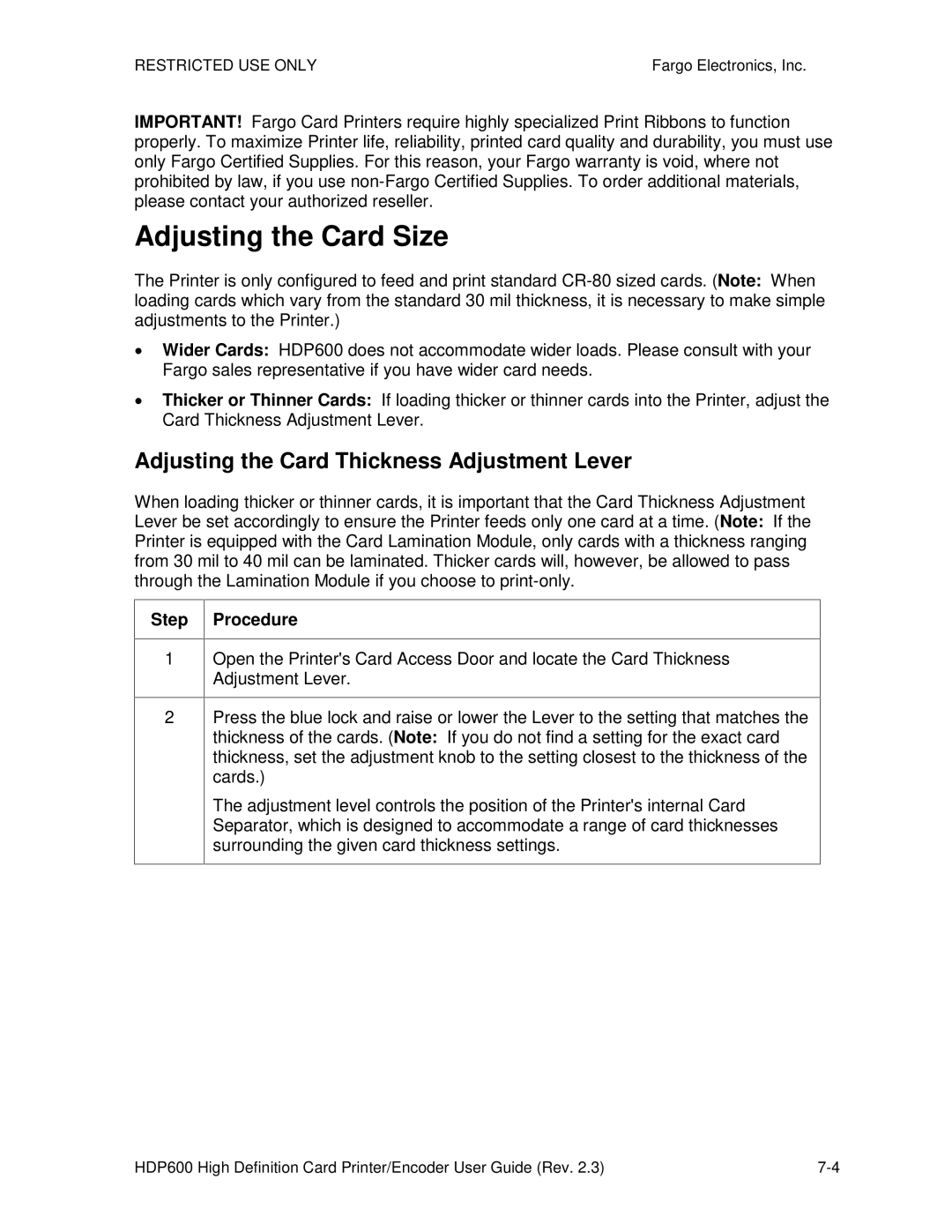 FARGO electronic HDP600 CR100, HDP600-LC manual Adjusting the Card Size, Adjusting the Card Thickness Adjustment Lever 