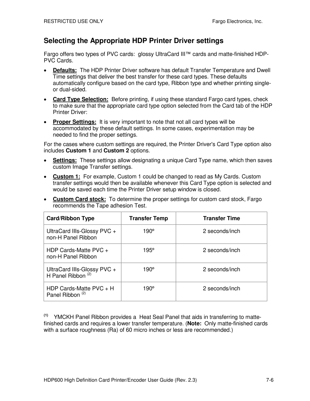 FARGO electronic HDP600-LC manual Selecting the Appropriate HDP Printer Driver settings, Card/Ribbon Type, Transfer Temp 