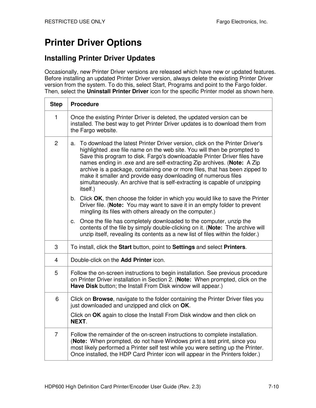 FARGO electronic HDP600 CR100, HDP600-LC manual Printer Driver Options, Installing Printer Driver Updates 