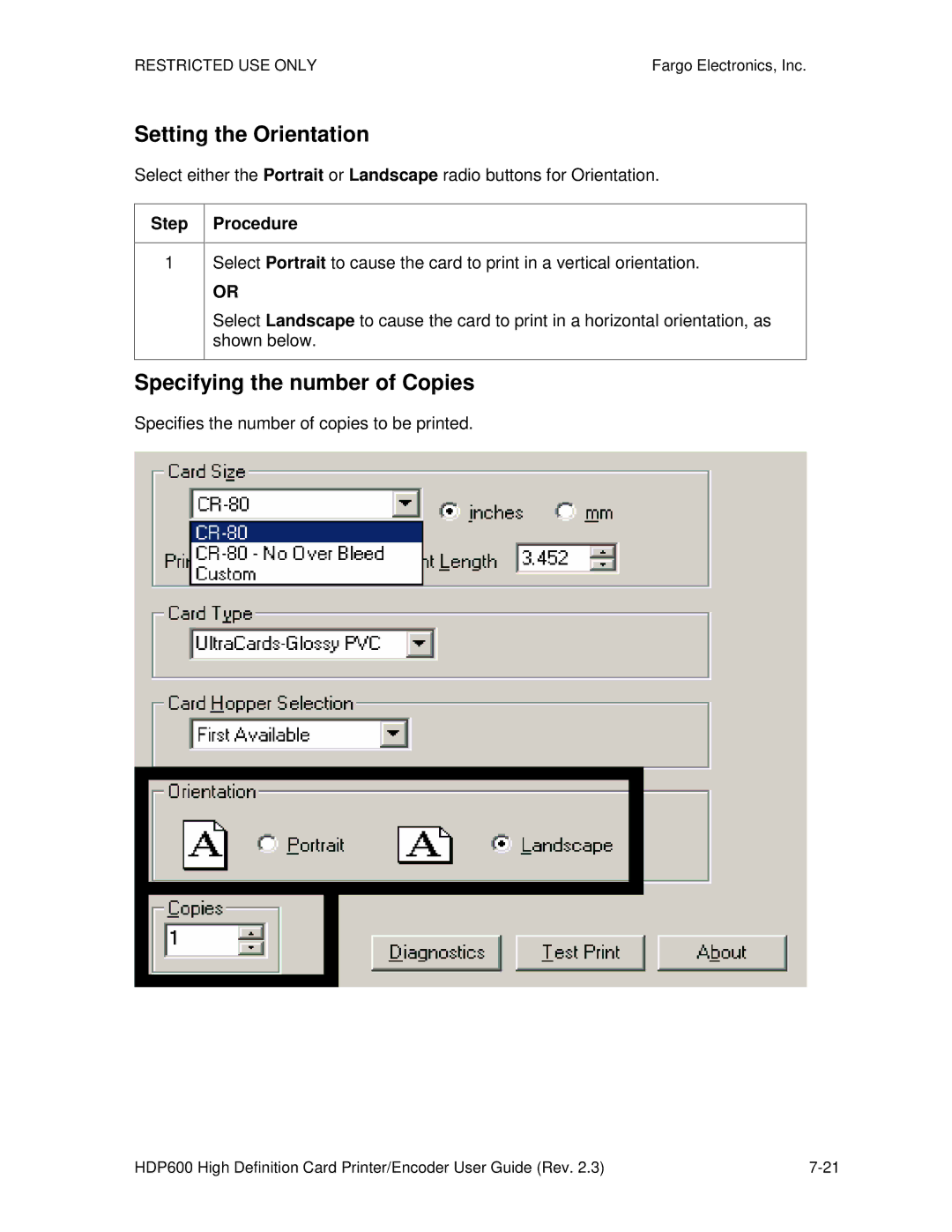 FARGO electronic HDP600-LC, HDP600 CR100 manual Setting the Orientation, Specifying the number of Copies 