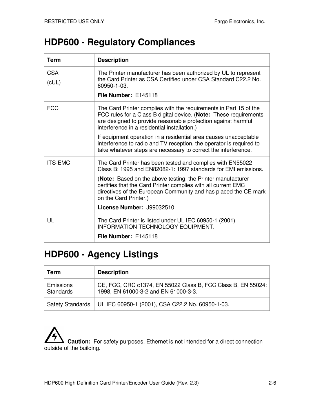 FARGO electronic HDP600 CR100, HDP600-LC HDP600 Regulatory Compliances, HDP600 Agency Listings, Term, File Number E145118 