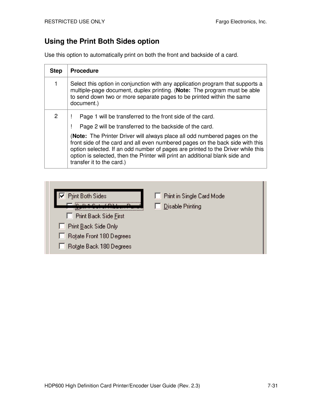 FARGO electronic HDP600 CR100, HDP600-LC manual Using the Print Both Sides option 