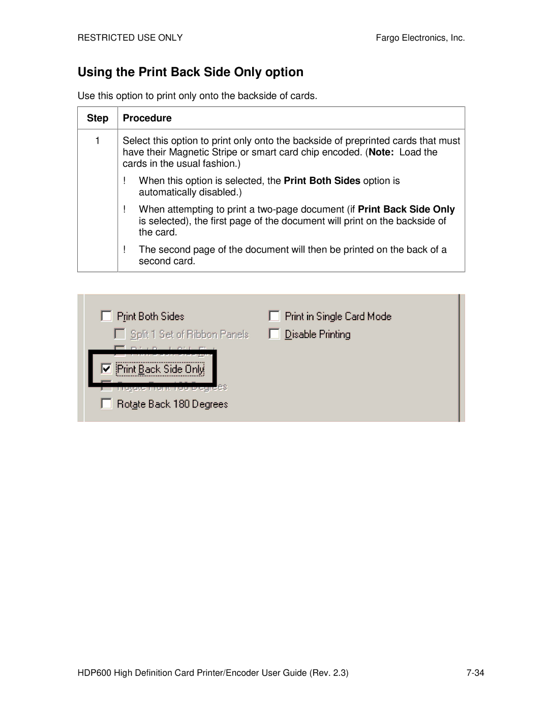 FARGO electronic HDP600 Using the Print Back Side Only option, Use this option to print only onto the backside of cards 