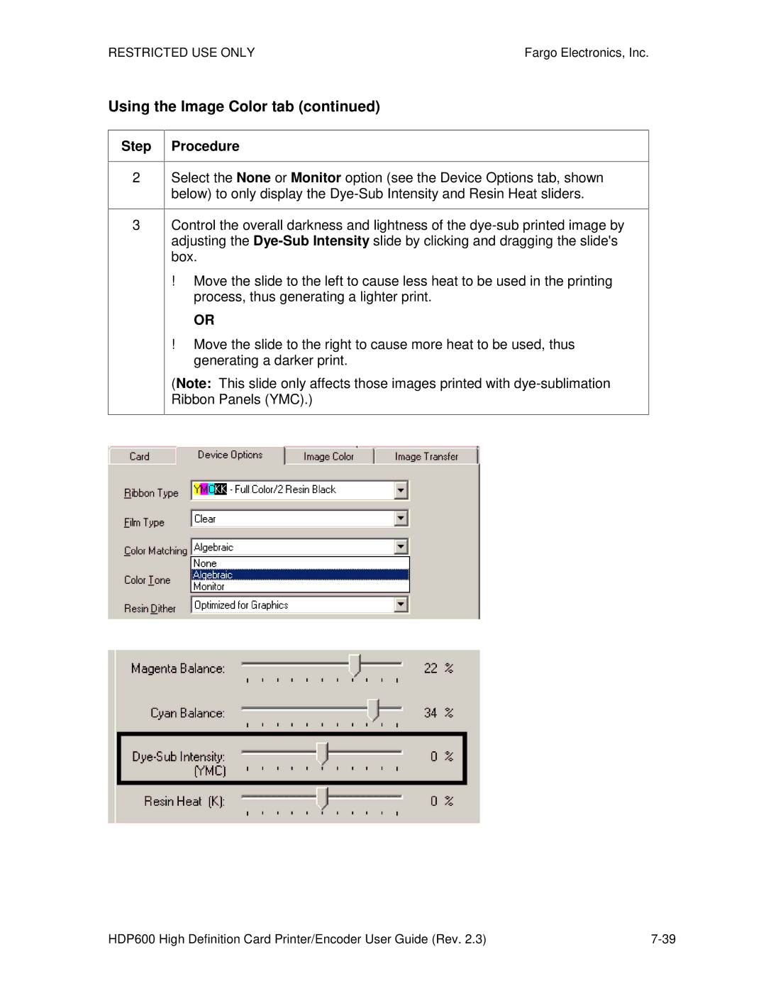 FARGO electronic HDP600-LC, HDP600 CR100 manual Using the Image Color tab 