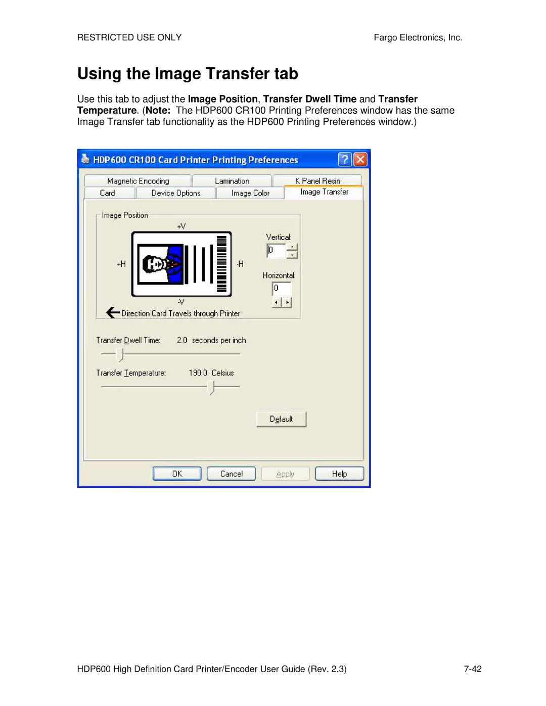 FARGO electronic HDP600-LC, HDP600 CR100 manual Using the Image Transfer tab 