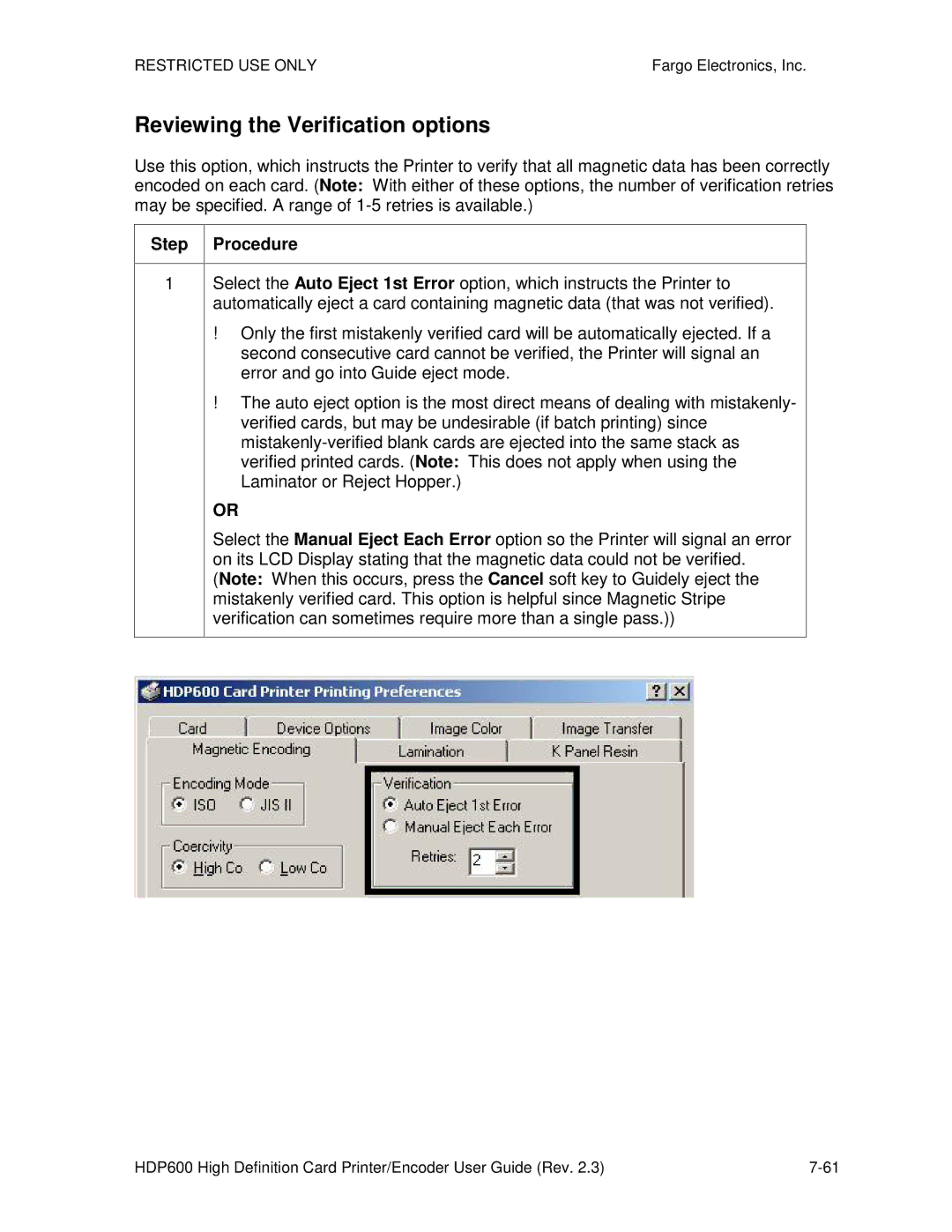 FARGO electronic HDP600 CR100, HDP600-LC manual Reviewing the Verification options 