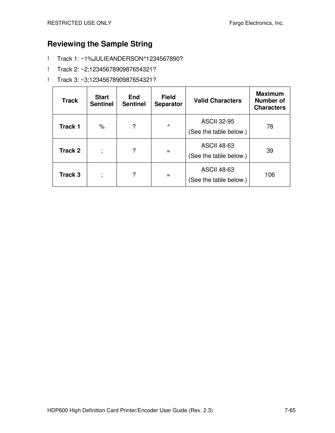 FARGO electronic HDP600 CR100, HDP600-LC manual Reviewing the Sample String, Track Start End, Field Valid Characters 