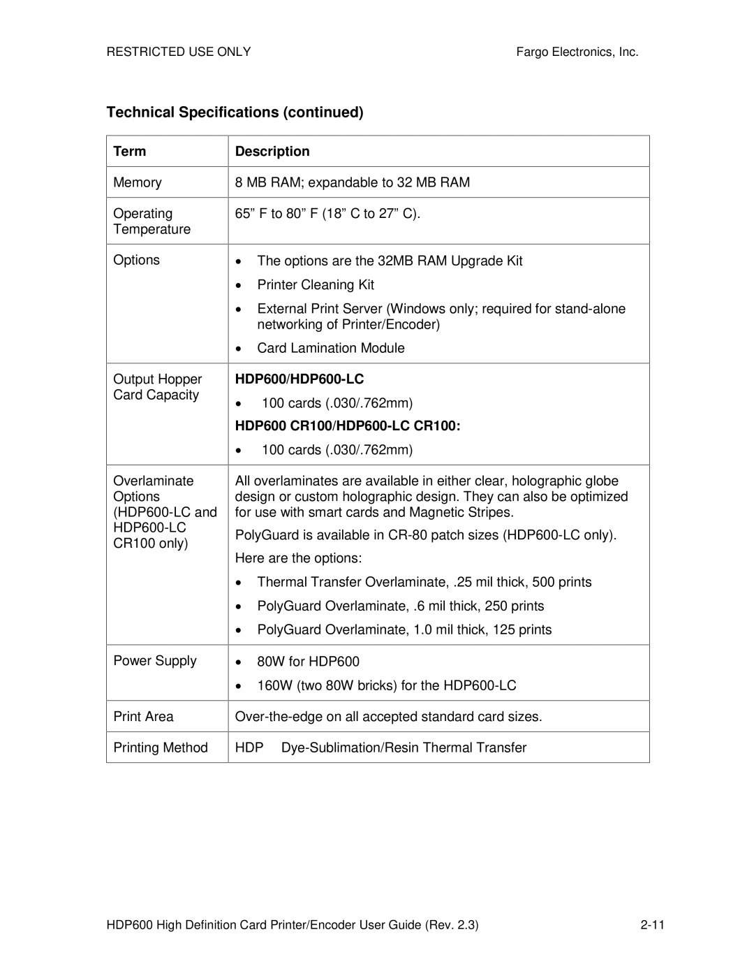 FARGO electronic HDP600 CR100 manual Memory Operating Temperature Options, HDP600/HDP600-LC, ∙ 100 cards .030/.762mm 