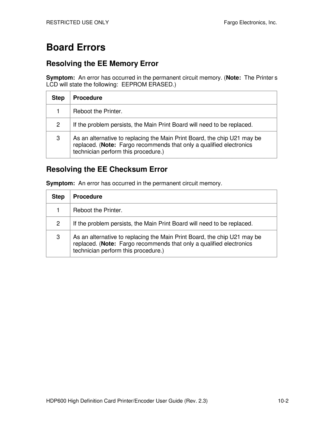 FARGO electronic HDP600 CR100, HDP600-LC manual Board Errors, Resolving the EE Memory Error, Resolving the EE Checksum Error 