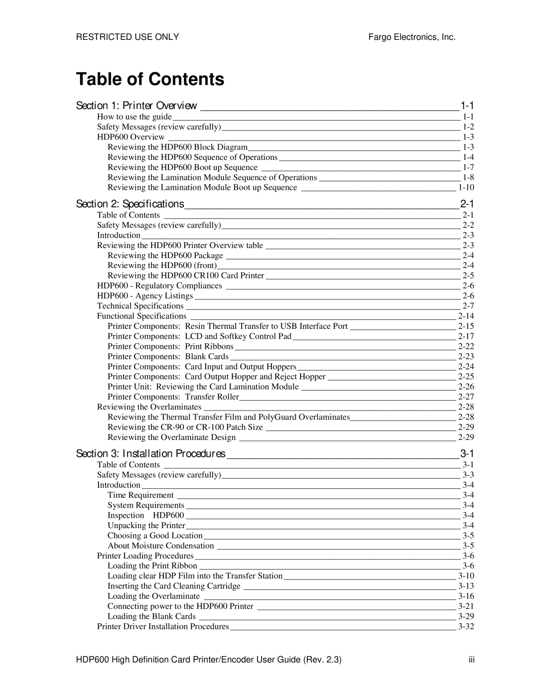 FARGO electronic HDP600 CR100, HDP600-LC manual Table of Contents 