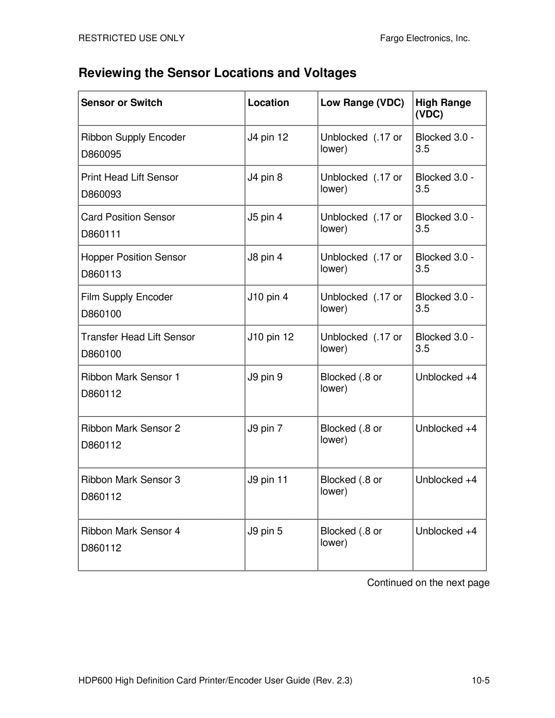 FARGO electronic HDP600 CR100, HDP600-LC manual Reviewing the Sensor Locations and Voltages 