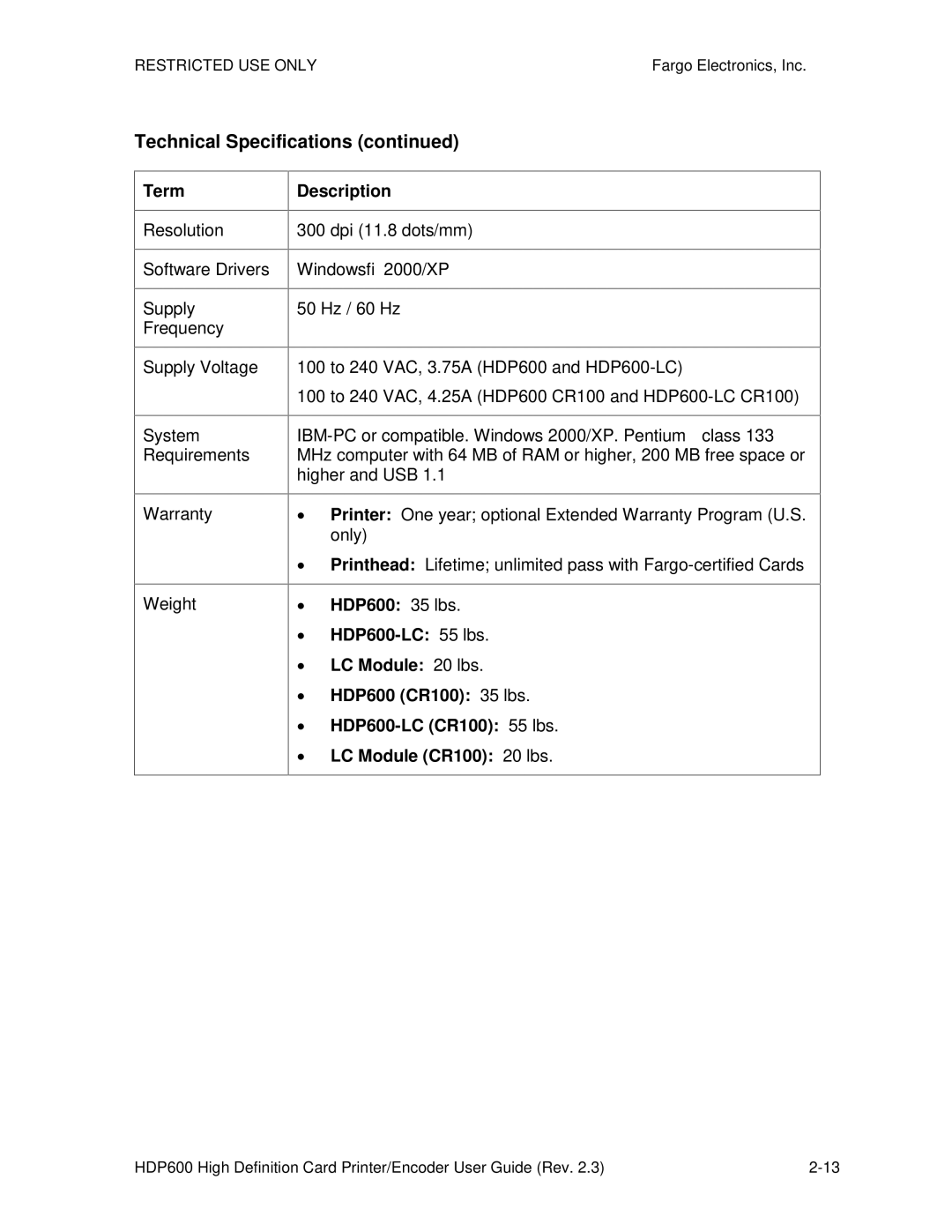 FARGO electronic HDP600-LC, HDP600 CR100 manual Technical Specifications 