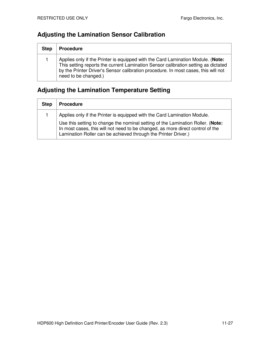 FARGO electronic HDP600 manual Adjusting the Lamination Sensor Calibration, Adjusting the Lamination Temperature Setting 