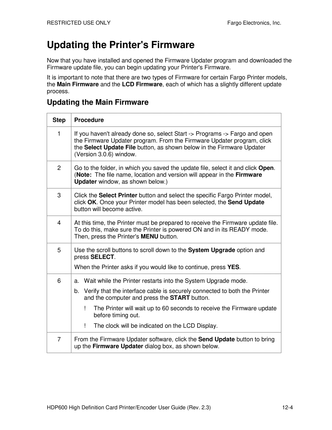 FARGO electronic HDP600 CR100, HDP600-LC manual Updating the Printers Firmware, Updating the Main Firmware 