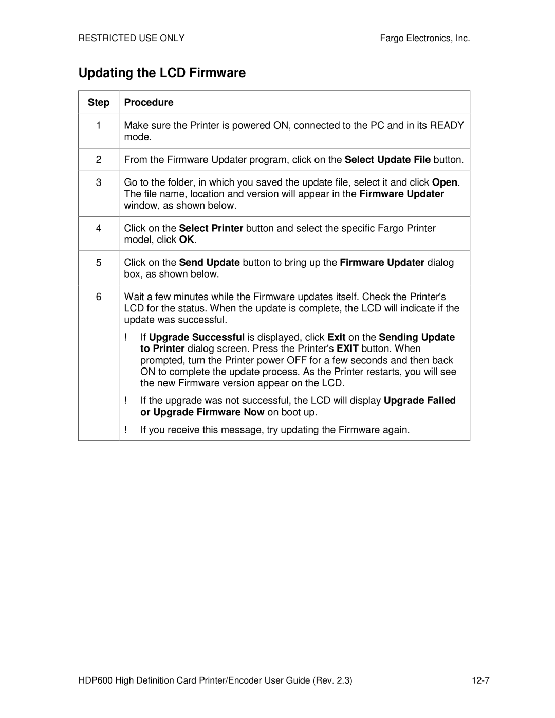 FARGO electronic HDP600 CR100, HDP600-LC manual Updating the LCD Firmware 