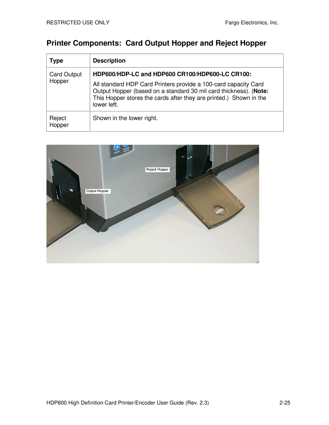 FARGO electronic HDP600-LC manual Printer Components Card Output Hopper and Reject Hopper, Card Output Hopper Reject 