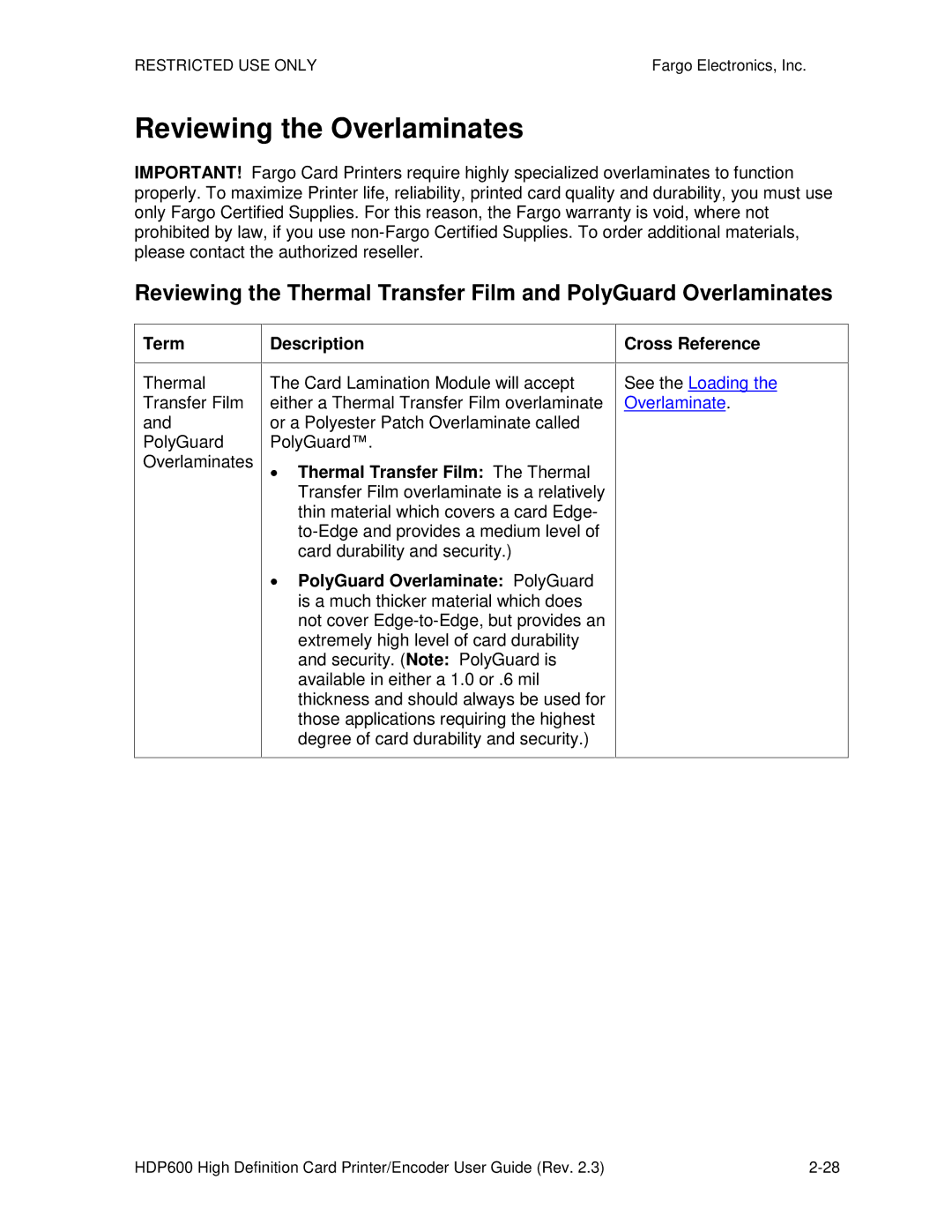 FARGO electronic HDP600-LC, HDP600 CR100 manual Reviewing the Overlaminates, Term Description Cross Reference 